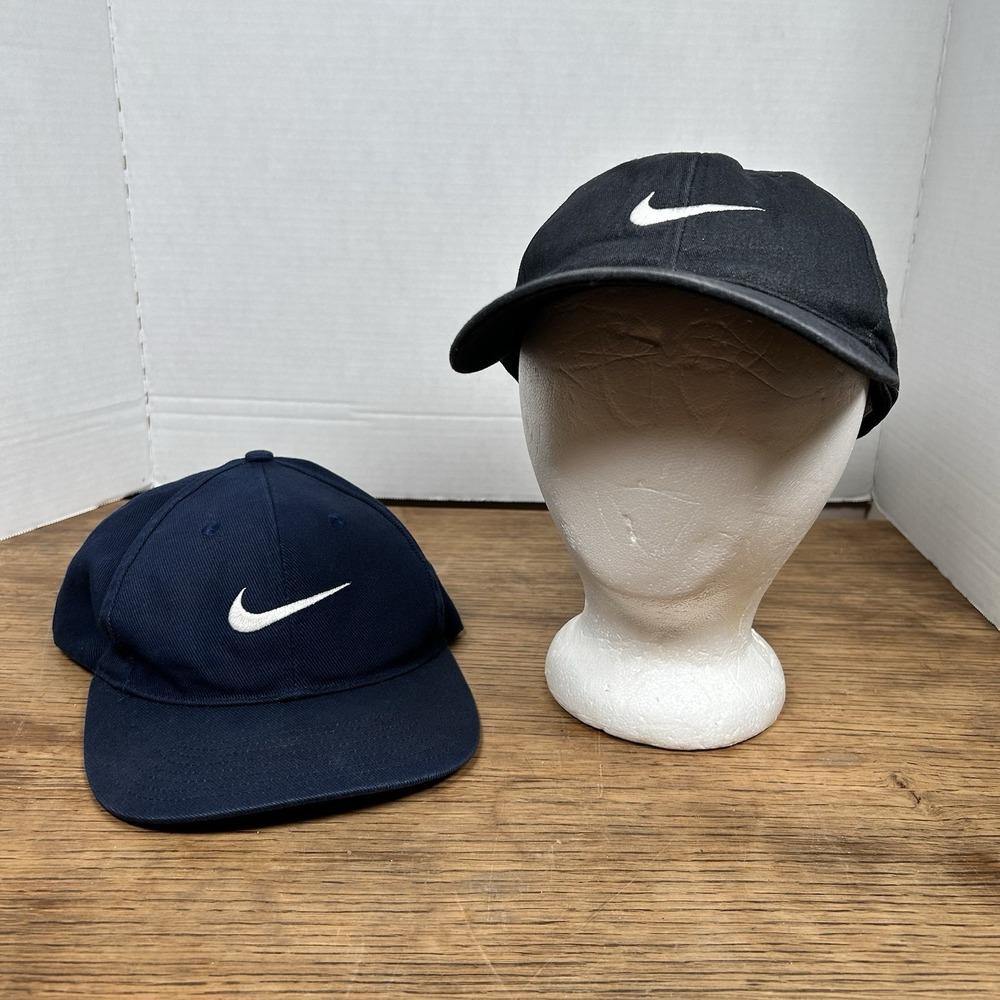 Vintage 90s Nike Center Swoosh Snapback Hat Cap Lot Of 2 Black‎ Navy Blue Faded